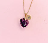 Purple Crystal Heart Necklace, Rose Gold Initial Charm