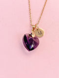 Purple Crystal Heart Necklace, Rose Gold Initial Charm