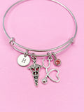 Silver Caduceus Stethoscope Charm Bracelet, Doctor Nurse Bracelet, Med School, Graduation Gift, Personalized Gift, N4580