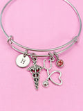 Silver Caduceus Stethoscope Charm Bracelet, Doctor Nurse Bracelet, Med School, Graduation Gift, Personalized Gift, N4580