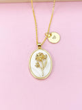 Gold Marigold Flower Necklace, Initial Charm, October Birthday Gift