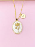 Gold Marigold Flower Necklace, Initial Charm, October Birthday Gift
