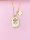 Gold Marigold Flower Necklace, Initial Charm, October Birthday Gift