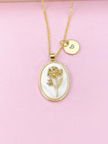 Gold Marigold Flower Necklace, Initial Charm, October Birthday Gift