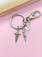 Silver Medical Syringe Caduceus Charm Keychain, Gifts for Medical School, Phlebotomy Phlebotomist, N1977