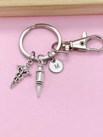 Silver Medical Syringe Caduceus Charm Keychain, Gifts for Medical School, Phlebotomy Phlebotomist, N1977