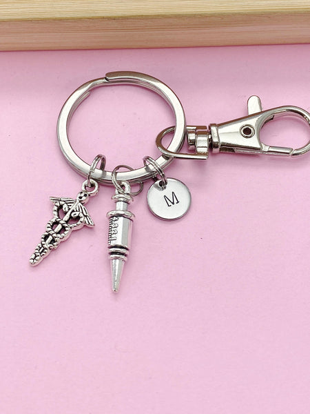 Silver Medical Syringe Caduceus Charm Keychain, Gifts for Medical School, Phlebotomy Phlebotomist, N1977