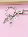 Silver Medical Syringe Caduceus Charm Keychain, Gifts for Medical School, Phlebotomy Phlebotomist, N1977