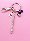 Musician Keychain, Silver Grand Piano, Flute and a Treble Clef Charm, N5700A