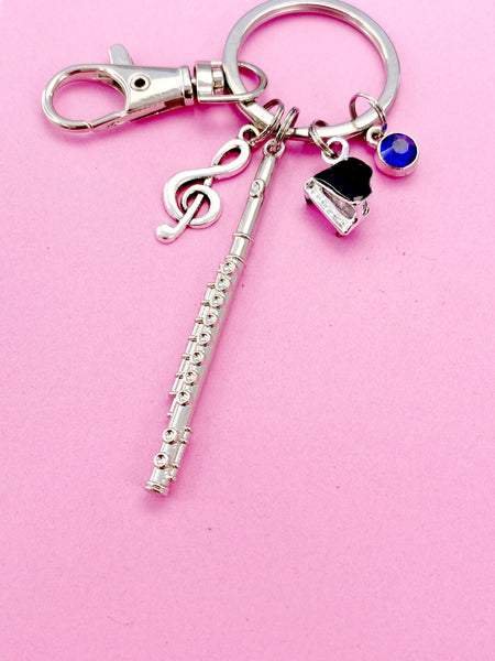 Musician Keychain, Silver Grand Piano, Flute and a Treble Clef Charm, N5700A
