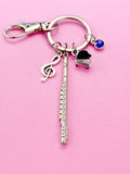 Musician Keychain, Silver Grand Piano, Flute and a Treble Clef Charm, N5700A
