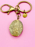 Bronze Flower Locket Keychain, Keepsake Photo Frame, Personalized Initial Keychain, N4918