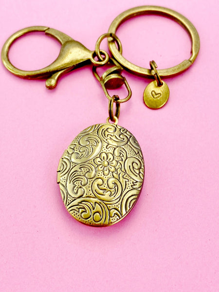 Bronze Flower Locket Keychain, Keepsake Photo Frame, Personalized Initial Keychain, N4918