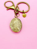 Bronze Flower Locket Keychain, Keepsake Photo Frame, Personalized Initial Keychain, N4918