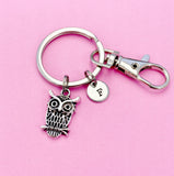 Silver Owl Keychain, Initial Charm, Personalized Keyring