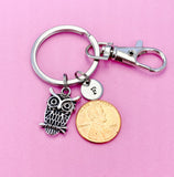 Silver Owl Keychain, Initial Charm, Personalized Keyring