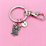 Silver Owl Keychain, Initial Charm, Personalized Keyring