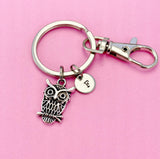 Silver Owl Keychain, Initial Charm, Personalized Keyring