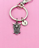 Silver Owl Keychain, Initial Charm, Personalized Keyring