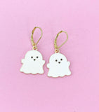 White Ghost Earrings, Gold Stainless Steel, Halloween Jewelry
