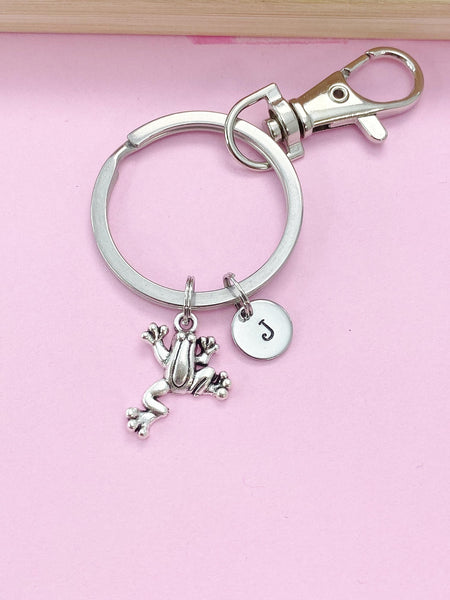 Frog Keychain, Silver Frog Charm Keychain, Frog Jewelry, Personalized Keychain, Initial Charm, Initial Keychain, N5034Z