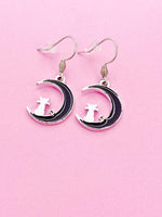 Silver Black Cat on the Moon Charm Earrings Gift, N3006