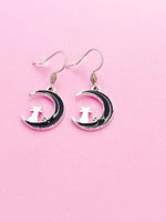 Silver Black Cat on the Moon Charm Earrings Gift, N3006