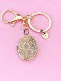 Flower Locket Keychain, Keepsake Photo Frame, Rose Gold Initial Keychain, N4920