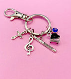 Musician Keychain, Silver Cross Grand Piano, Flute and a Treble Clef Charm, N5700B