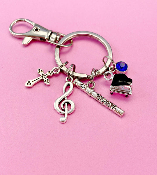 Musician Keychain, Silver Cross Grand Piano, Flute and a Treble Clef Charm, N5700B