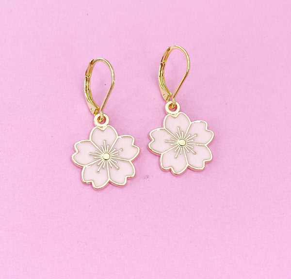Gold Cherry Blossom Sakura Flower Charm Earrings, N2965A