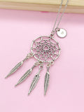 Silver Dreamcatcher Necklace, Initial Charm, Personalized Gift