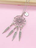 Silver Dreamcatcher Necklace, Initial Charm, Personalized Gift