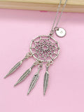 Silver Dreamcatcher Necklace, Initial Charm, Personalized Gift