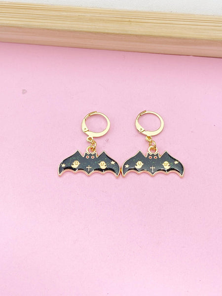 Gold Black Bat with Ghost Halloween Charm Earrings, Fun Halloween, Halloween Gift, N3992
