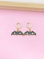 Gold Black Bat with Ghost Halloween Charm Earrings, Fun Halloween, Halloween Gift, N3992