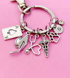 Nursing Keychain, Silver Ace Card, Graduation Cap, Heart Stethoscope, Caduceus, Paw, Initial and Birthstone Charm, Graduation Gift, N5804