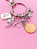 Nursing Keychain, Silver Ace Card, Graduation Cap, Heart Stethoscope, Caduceus, Paw, Initial and Birthstone Charm, Graduation Gift, N5804