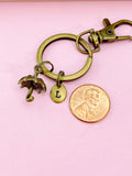 Bronze Umbrella Keychain, Personalized Initial Charm, Rainy Day Gift