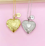 Silver or Gold Heart Flower Locket Pendant Necklace, Love Necklace, Keepsake Photo Frame Charm, N3842A