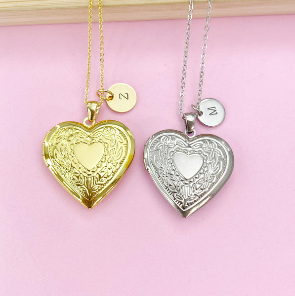 Silver or Gold Heart Flower Locket Pendant Necklace, Love Necklace, Keepsake Photo Frame Charm, N3842A