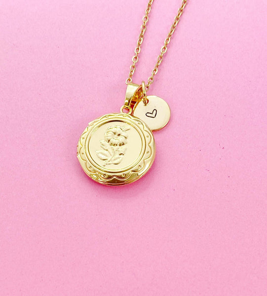 Gold Daisy Flower Locket Necklace, Love, Keepsake Photo Frame, N4049