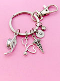 Doctor Nurse Graduation Keychain, Silver Graduation Cap Heart Stethoscope Caduceus Charm, Medical Graduation Gift, N5804C