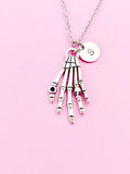 Silver Hand Skeleton Charm Necklace, Initial Personalized Gift