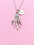 Silver Hand Skeleton Charm Necklace, Initial Personalized Gift