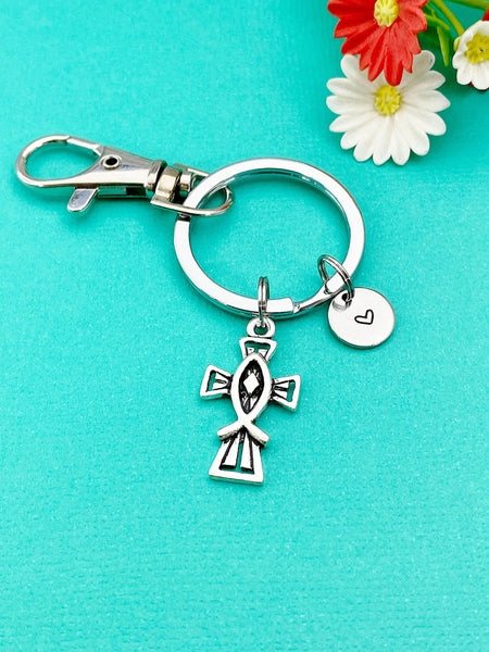 Silver Jesus Cross Fish Charm Keychain, Fish Ichthus Charm Keychain, Personalized Gift, N1586