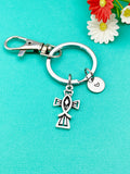 Silver Jesus Fish Cross Keychain, Personalized Initial Charm, N1703B