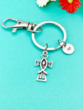 Silver Jesus Fish Cross Keychain, Personalized Initial Charm, N1703B
