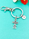 Silver Jesus Fish Cross Keychain, Personalized Initial Charm, N1703B