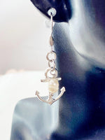 Silver Anchor White Pearl Charm Earrings, Anchor with White Pearl Earrings, N866Z